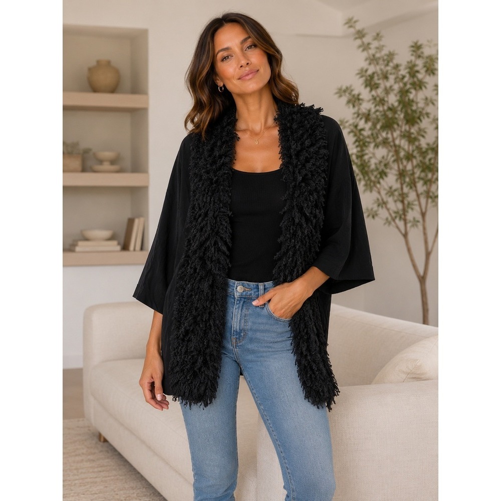 Natori‎ Cardigan Women XL Black Faux Fur Shaggy Kimono Goth Glam Loungewear